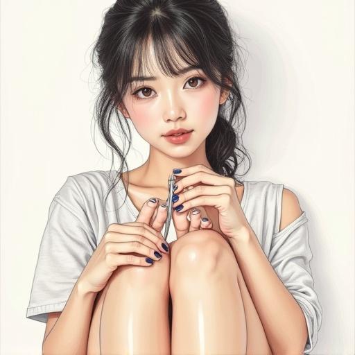 Close-up drawing of a beautiful Asian woman with neutral expression sitting with legs hugged. She has long hair and well-groomed nails. Her hands are positioned delicately. She is not actively cutting nails but holds them gracefully.