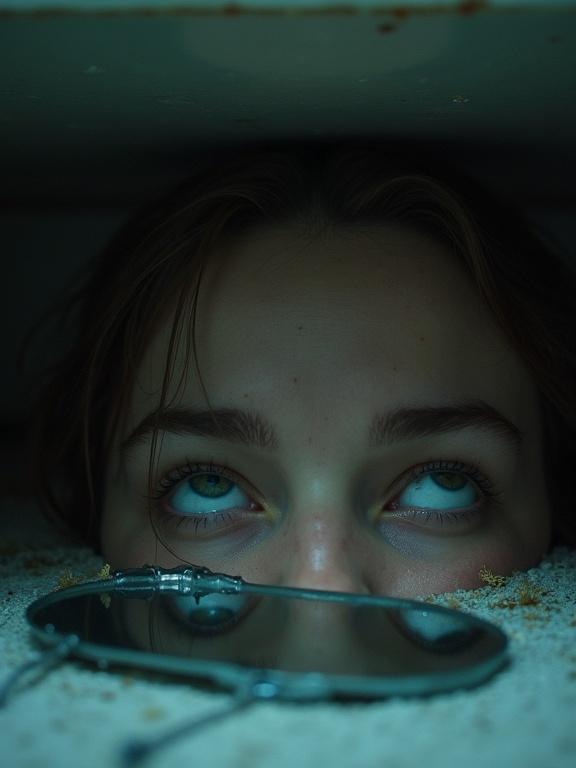 Close-up shot of floor below sink. Detached eyes gazing upward. Broken mirror lying beside the eyes.