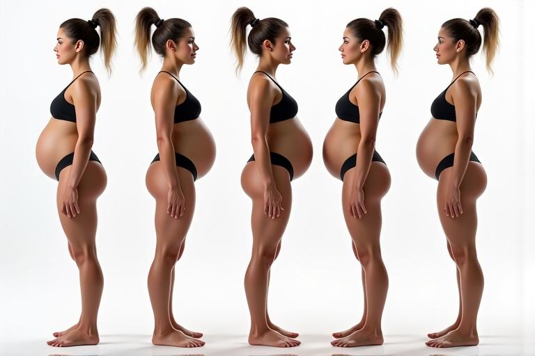Profile images of a pregnant woman showcasing different stages of pregnancy. Woman in black lingerie poses to highlight her body shape. Ideal for health and fitness discussions. Smooth skin with no visible blemishes. Woman stands on bare feet highlighting natural beauty.