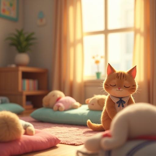 Digital illustration of a serene preschool environment. Teacher cat watches over sleeping children. Cat has a gentle expression. Room filled with small futons and plush toys.