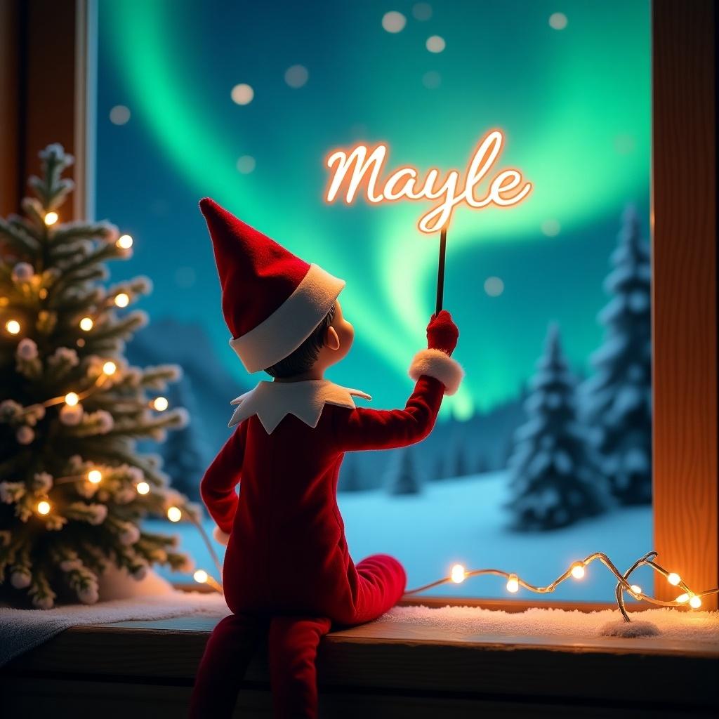 An enchanting Christmas scene featuring an elf on the shelf, who is facing the sky with his back to the viewer. The elf is dressed in a red and white outfit, holding a magic wand. Above him, the wand writes 'Mayle' in a glowing script. The backdrop is adorned with vibrant northern lights, creating a magical ambiance. A festive Christmas tree is nearby, adding to the holiday spirit. The scene captures the wonder and excitement of Christmas, making it a joyful depiction of the season.