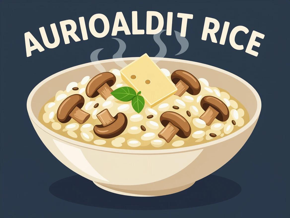 Illustration of Arborio rice dish with porcini mushrooms and Parmesan. Creamy texture in a bowl. Flat design style with geometric shapes. Solid contrasting background. Appealing food presentation.