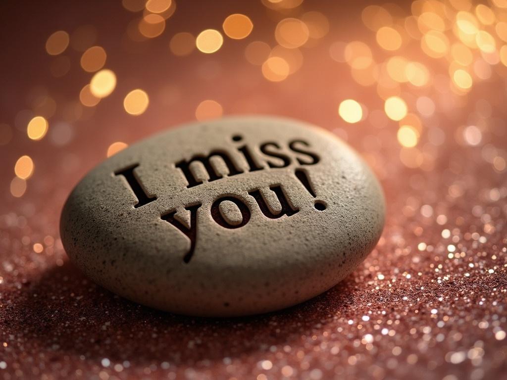 A cosy and romantic setting featuring a smooth stone with the phrase "I miss you!" elegantly carved into its surface. The stone is placed on a sparkling background that enhances its message. The glitter creates a warm and inviting atmosphere, ideal for expressing heartfelt sentiments. The focus is on the stone, but the glimmering backdrop adds a touch of magic to the scene. Soft lighting highlights the carving, making it the centerpiece of this sentimental image.