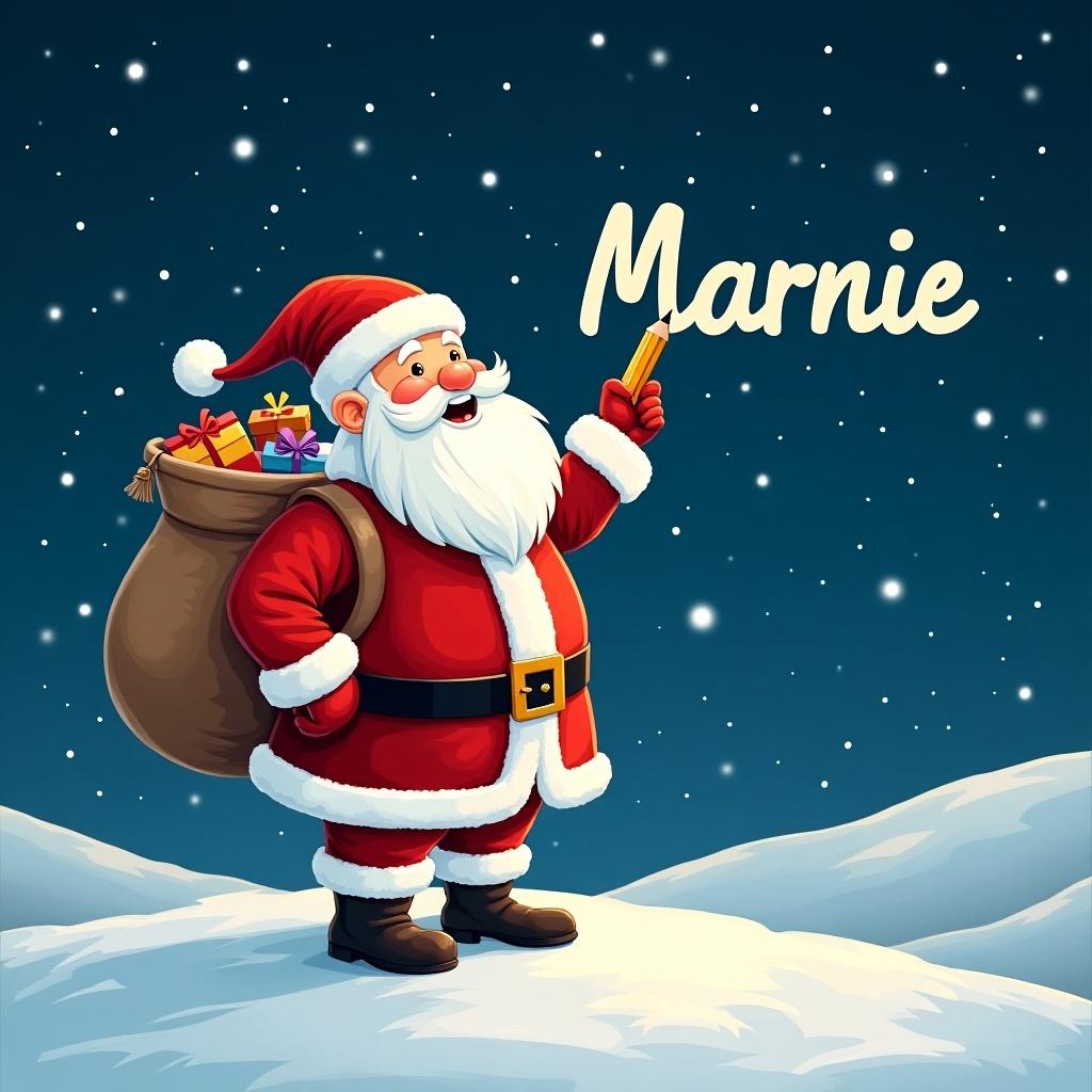 Santa Claus stands on a snowy hill under a starry night. Santa is writing names in the sky with a pencil. He is dressed in red and white. A large sack of gifts is on his back. The name 'Marnie' is displayed in a whimsical font.