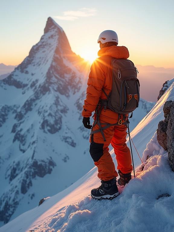 A hyper-realistic scene depicting a lone mountaineer atop a snow-covered peak during sunrise. The climber wears bright orange insulated gear and is equipped with climbing tools. The scene showcases a dramatic mountain landscape with frost, rugged rocks, and golden sunlight.