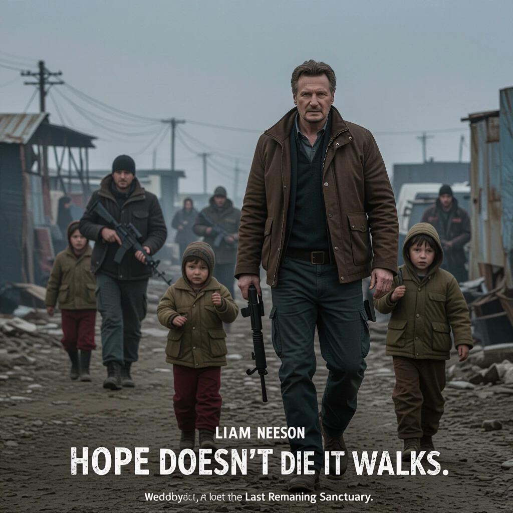 Liam Neeson is in a post-apocalyptic setting. Former military chaplain walks closely with group of orphans. They are heading towards a safe zone. The surroundings show destruction and despair. The mood feels heavy yet hopeful.