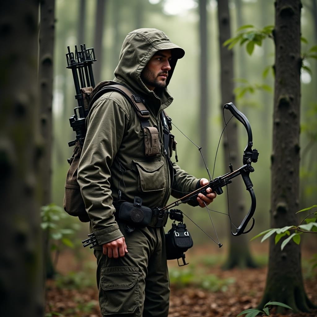 The image captures a young woman in hunting attire, standing confidently in a dense forest. She is aiming a bow and arrow, demonstrating focus and determination. The greenery around her gives a vivid sense of the natural setting. Her expression reflects concentration and skill. This scene embodies the spirit of adventure and the outdoors, showcasing female representation in sports like archery.