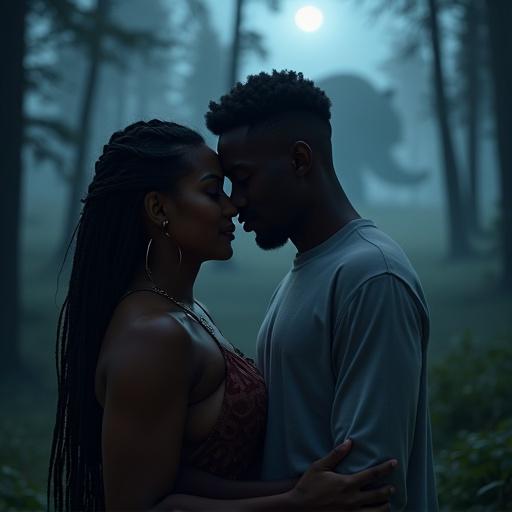 A 4k photograph for a romance supernatural novel cover. A beautiful, plus-size African American woman with long braids. A handsome African American man with a gentle expression. They embrace in a moonlit forest. Their faces are softly illuminated. A large grizzly bear is blurred in the background under the moonlight. The scene blends romance, mystery, and primal wilderness.