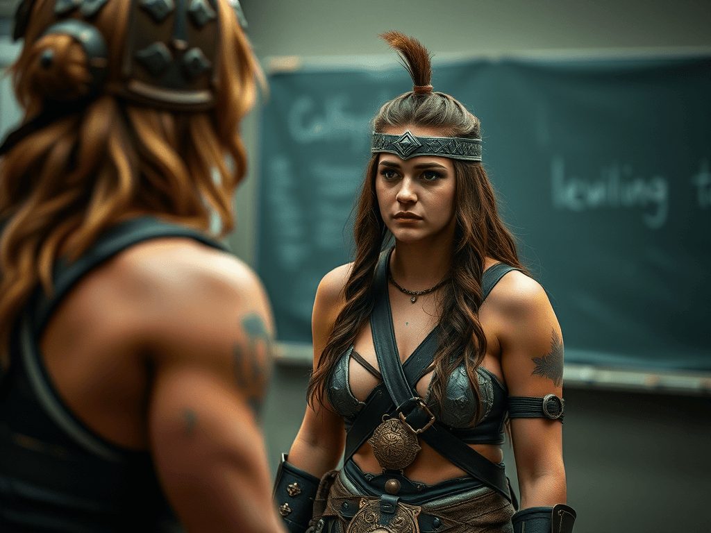 The image depicts two individuals dressed in warrior-like attire standing in what appears to be a classroom setting. The person facing the camera is wearing a detailed leather and metal armor ensemble, with a headband featuring a central decorative piece. Her long hair is styled with a top knot, and she has a serious expression. She wears arm bracelets and has a tattoo visible on her left shoulder. 

In the background, there's a blackboard with partially visible writing, suggesting a mix of an educational and historical or fantasy setting. The blurred figure in the foreground, likely facing the main subject, is also in similar warrior attire, with a helmet that has decorative patterns and long hair cascading from beneath it. The contrast between their attire and the modern classroom setting creates an intriguing juxtaposition of historical or fantasy elements with a contemporary educational environment.