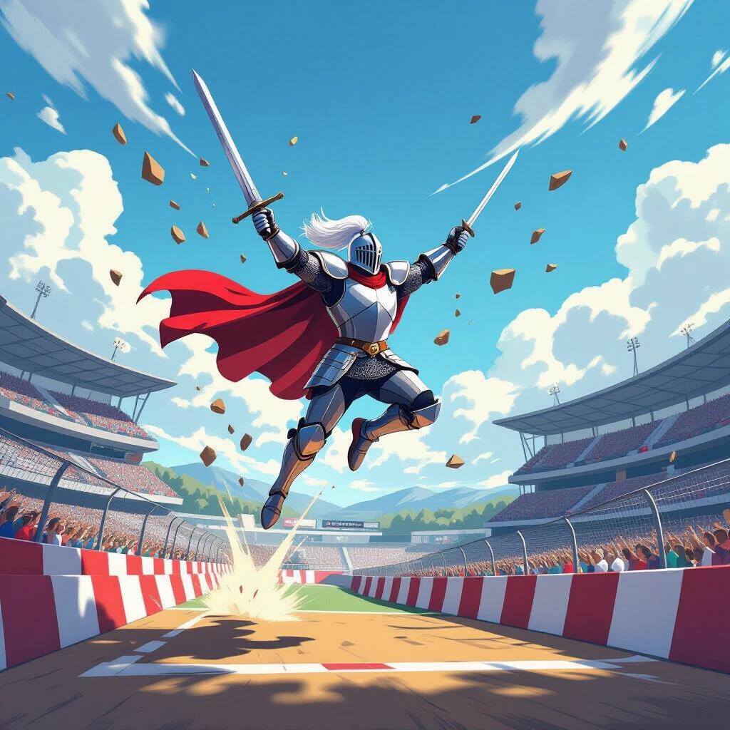 A knight with a silver armor flying upward while breaking a barrier. The knight holds two swords. A crowd watches in a stadium.