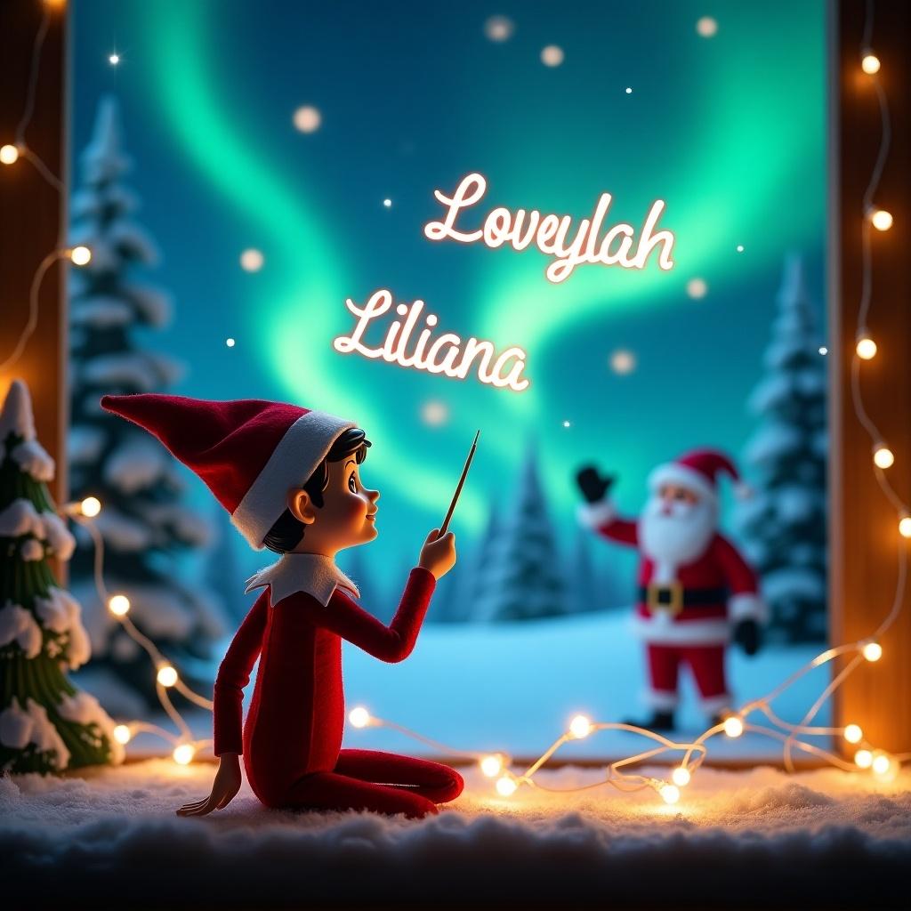 Magical Christmas scene featuring elf on the shelf. Elf faces sky, uses wand to write names Loveylah, Liliana. Northern lights illuminate night sky. Santa Claus visible, adding to holiday atmosphere. Snow-covered trees and twinkling lights create joyful, festive mood.