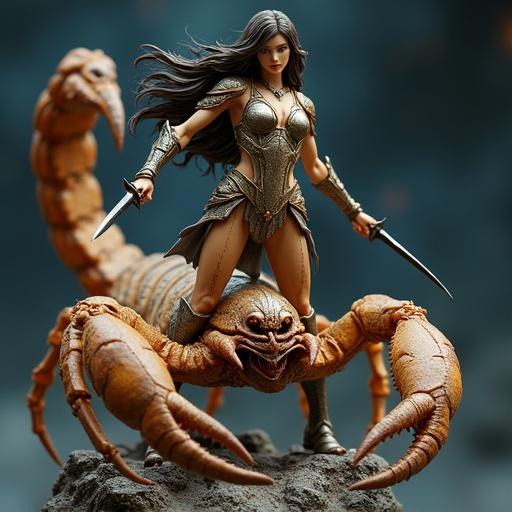 Stylized female figure representing Scorpio. She rides a giant scorpion with a fierce expression. Armor has scorpion design features and segmented plates. Hair flows in the wind as she poses confidently. She holds curved daggers poised for action. Scorpion has realistic details. Background is cosmic with rocky elements and mystical features. The style is semi-realistic fantasy with epic lighting resembling a resin sculpture.