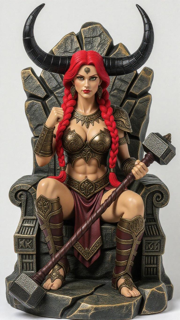 Resin statue of a powerful goddess inspired by the Taurus zodiac. Seated on a rock. Voluptuous muscular woman with tanned skin and long red hair in thick braids. Stoic and imposing pose. One elbow on her knee and fist under her chin. Other hand holding a massive warhammer on the ground. Wearing dark bronze and leather armor with intricate runes and bull horn motifs. Large black horns on her head. Eyes glowing faintly. Partially cracked rock throne behind her. Mystical divine aura. High level of detail and realistic materials.