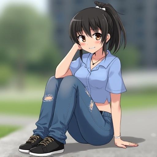 Character portrait of a girl with long black hair in a ponytail. She wears a blue shirt and torn jeans, sitting outdoors. The character has brown eyes and a smile, showcasing medium breasts and jewelry. Her expression is friendly, and she supports herself with her arm, crossed legs on the ground. The background is blurry, emphasizing the character.