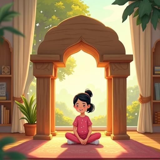 A cozy and warm digital illustration for a children's storybook featuring a young girl in a pink dress sitting cross-legged inside a wooden house with five pillars and a dome roof. The background has warm sunlight, lush green trees, and a dreamy outdoor scene. The illustration includes soft Islamic geometric patterns and a cozy interior with bookshelves and curtains, using vibrant colors and warm lighting.