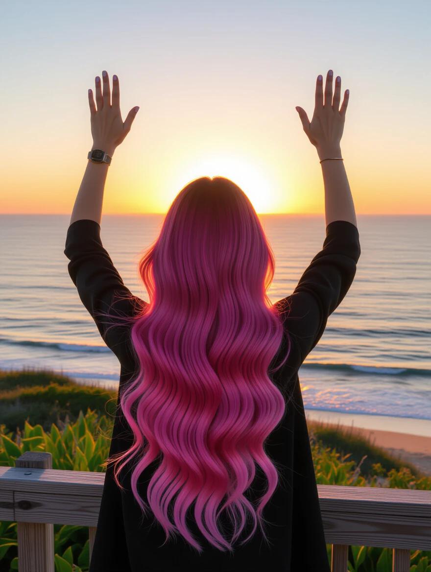 Photo shows a person with long luxurious pink to blue ombre hair raised arms greeting a bright sunrise over the ocean. Image taken from the rear.