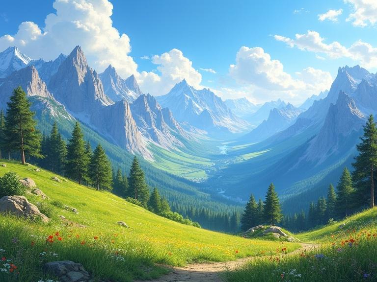 Sunny mountain landscape from a valley with towering peaks. Clear blue sky features soft white clouds. Foreground has lush green meadows and scattered wildflowers. Bright daylight creates a tranquil atmosphere. Richly textured oil painting style with ultra-detailed vibrant colors.