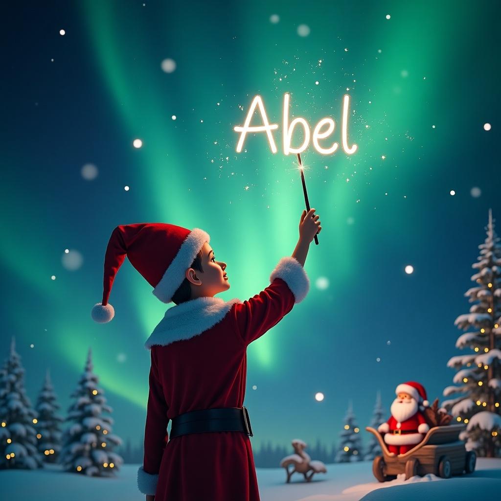 Elf faces a magical sky. Uses wand to write names in air. Background shows northern lights and Santa. Name written is Abel.