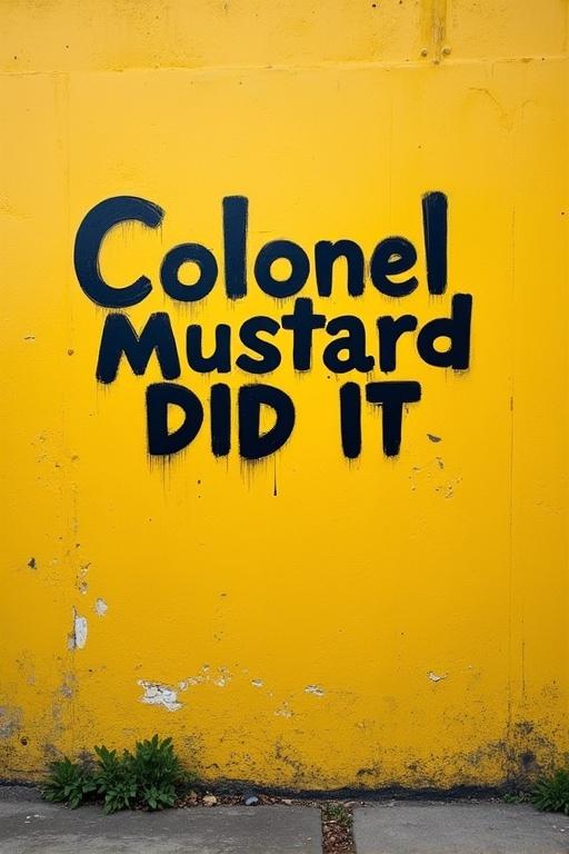 Graffiti on a pale yellow wall shows the words Colonel Mustard did it in bold black letters.