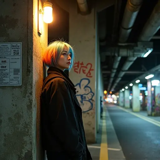 Late evening beneath elevated train tracks. Gritty urban environment filled with market sounds and smells. Model leans against a graffiti pillar gazing towards warm light. Dressed in layered street style. Blue hair reflects cool tones with orange tips glowing. A scene showcasing solitary moment in city atmosphere. Wide-angle lens emphasizes concrete and towering structures. High contrast lighting creates dramatic shadows and highlights.