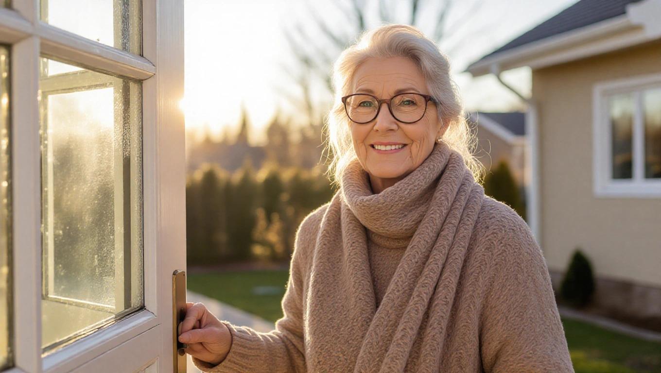 A warmly dressed senior woman stands at her doorway, smiling softly at the camera. Sunlight creates a glowing backdrop. Focus on her confident expression and relaxed posture, exemplifying comfort and joy as she steps into the day.