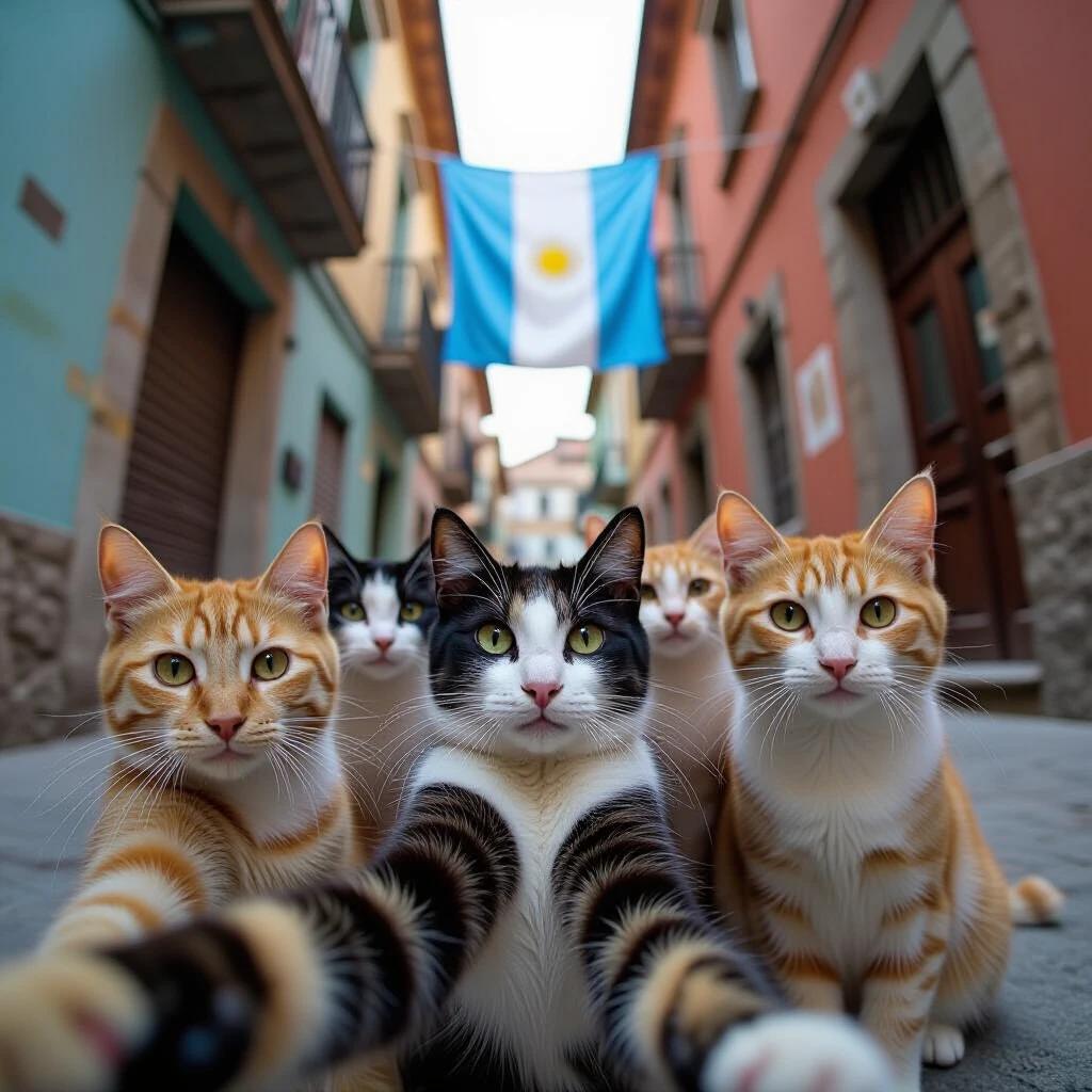 Group of stray cats posing for a selfie in alleyway. Argentine flag displayed in background. Use of slight fisheye lens effect.