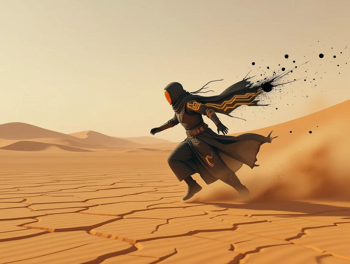 Futuristic nomad sprinting across a desert. Cracked ink textures cover the sand. Motion creates a blur. Black brush marks splatter around. Amber circuitry glows faintly under torn robes. Positioned in the right third of the image. Wide open terrain depicted in a minimalist style.