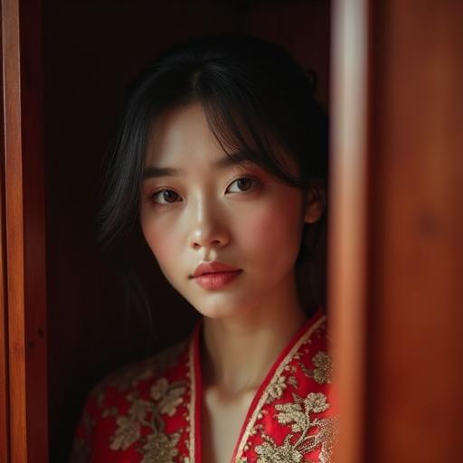 Closeup of a Chinese lady sitting inside a wardrobe. Features a warm, soft lighting highlighting her face. She wears a traditional garment with intricate designs.