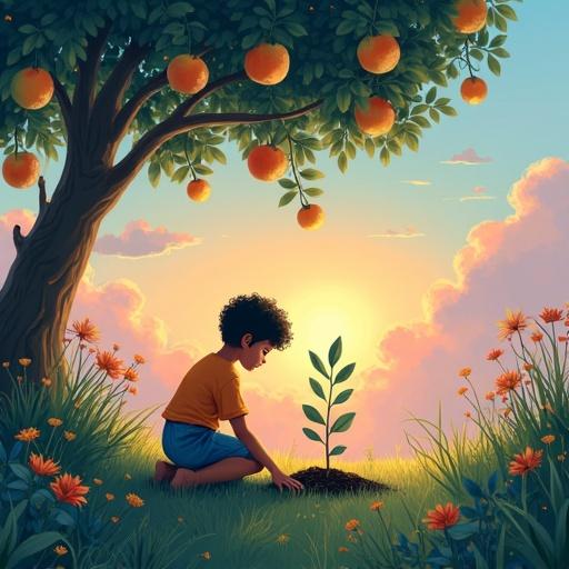 Illustration of a young boy planting a sapling in a serene garden. The boy is dressed in ochre and blue and kneels on lush grass. A large fruit tree and delicate flowers surround the scene with a pastel twilight sky.