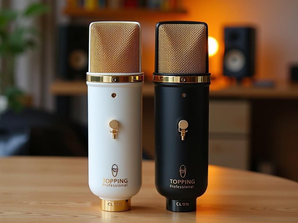 The image shows two microphones from Topping Professional, one in white and the other in black. They are positioned side by side on a wooden table in a cozy indoor setting. The background features soft lighting, creating a warm atmosphere. Both microphones have mesh grills and gold accents, highlighting their professional design. The white microphone is labeled 'CL101,' while the black microphone has a similar label. The setting appears to be a home studio or a quiet recording space.