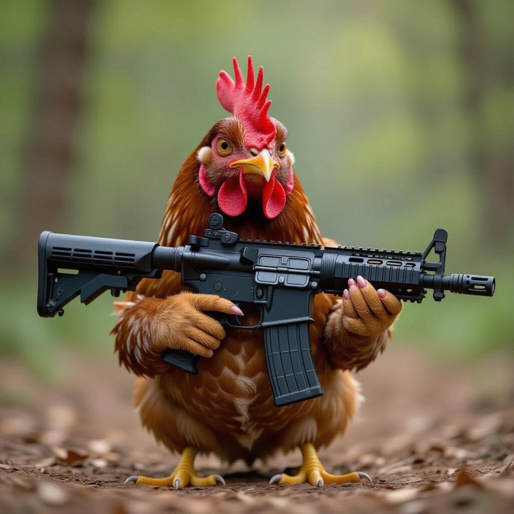 A humorous depiction of a chicken holding a rifle. The chicken is in a natural outdoor setting with soft focus background. The chicken has prominent red feathers and an expressive face. It stands firmly with a black firearm, creating a whimsical and absurd visual.