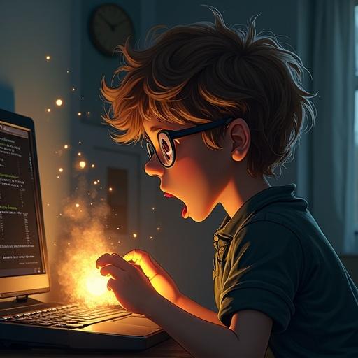 A boy with glasses is reacting in surprise at a glowing computer screen. He has messy hair and is focused on the screen. The lighting creates an energetic atmosphere.