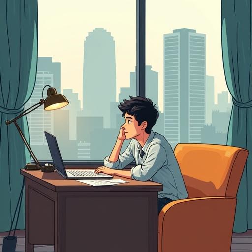Illustration of a cute young man with black hair sitting at a desk in a psychologist office. Leaning back and looking thoughtful with a laptop in front. Office has a cozy couch and a large window showing a city view. Detailed representation of the environment.
