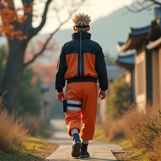 A character dressed as Naruto walks down a path with confidence. The outfit consists of a zip-up jacket and pants with color details. Setting appears natural and serene.