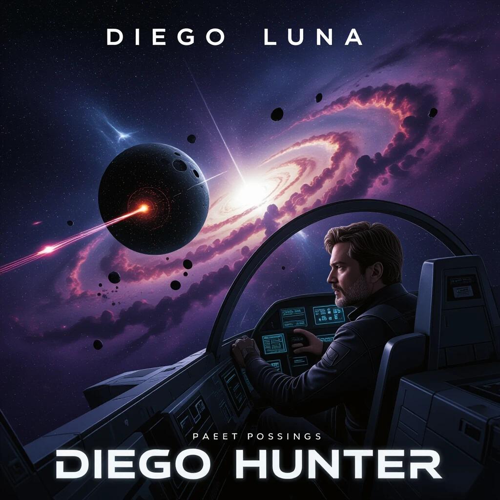 Diego Luna appears in a starfighter cockpit. He stares at a menacing black sphere in orbit around Jupiter. A nebula filled with black-violet clouds serves as the backdrop. The weapon emits unstable energy pulses. The lighting contrasts cold interior cockpit lights with the vigorous cosmic storm outside.