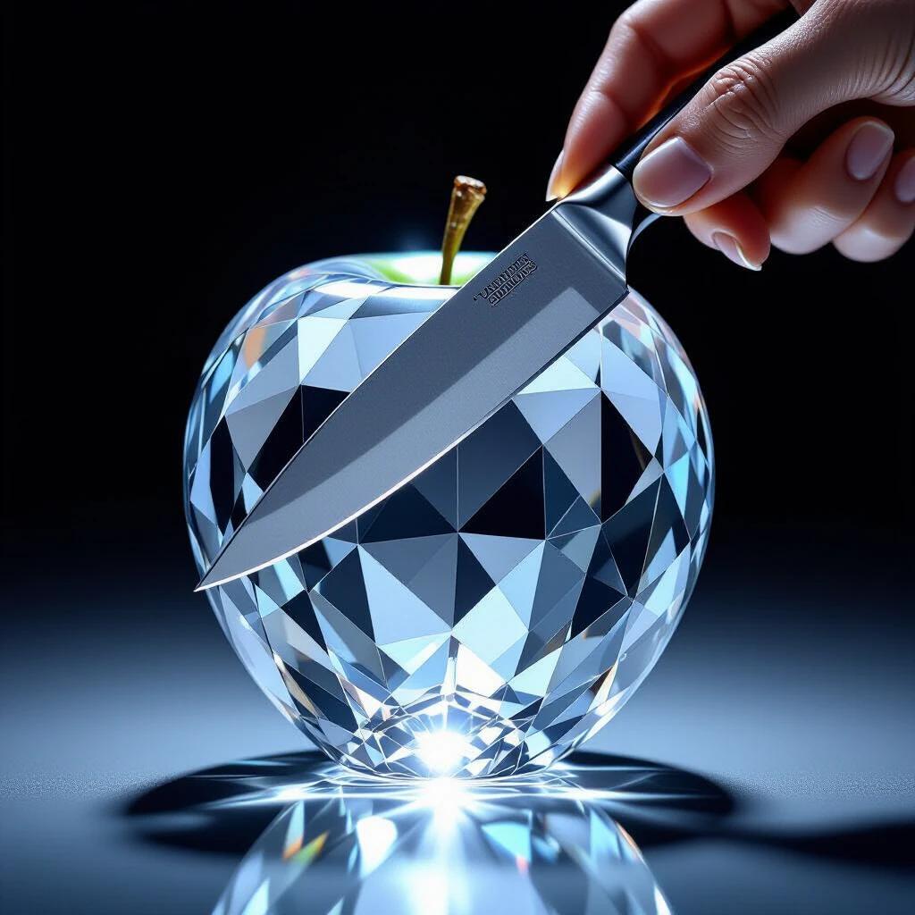 A hyper-realistic image displays a hand holding a sharp knife ready to cut a crystal-clear transparent apple. The apple appears similar to finely cut diamond or glass. Intricate faceting reflects the light. A sleek knife is poised at the top of the apple. The background is solid black, emphasizing the apple's clarity and brilliance. The lighting captures the apple's texture and the knife's metallic sheen.