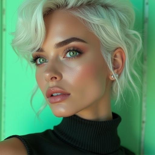 Create a unique dreamlike woman in cyberpunk style. She has white hair and green eyes. The look is captivating and innocent. The image shows her full body with a vibrant atmosphere and clear skin with natural blush.