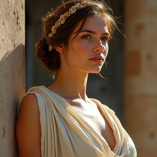 A woman dressed in ancient Greek attire stands gracefully. She wears a flowing garment with intricate details. Hair adorned with elaborate accessories. Background features rustic elements that reflect the historical setting.