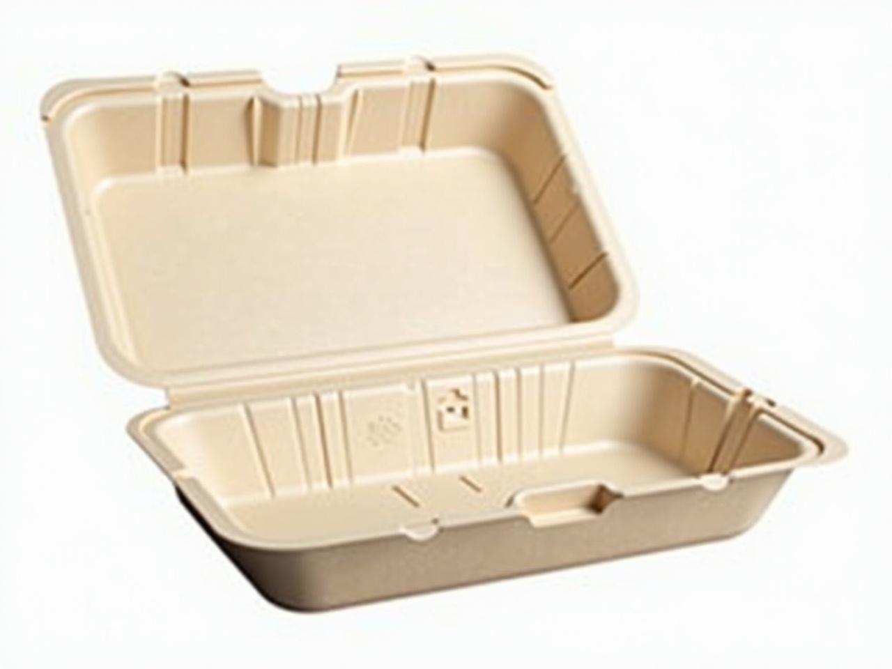 The image shows an open food container made of a beige or biodegradable material. The container has a textured surface with ridges and small patterns on the inside and outside. It appears to be designed for takeout or fast food, with a secure hinge for closing. The base of the container is flat, and there are no visible markings inside. The overall shape is rectangular with rounded edges.