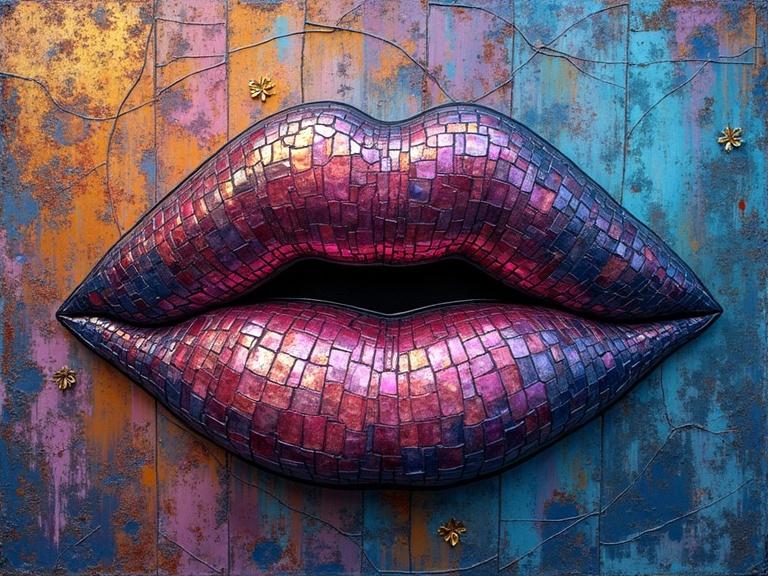 3D iridescent ceramic tile and glass mosaic art depicted as colorful gothic lips on a textured background.