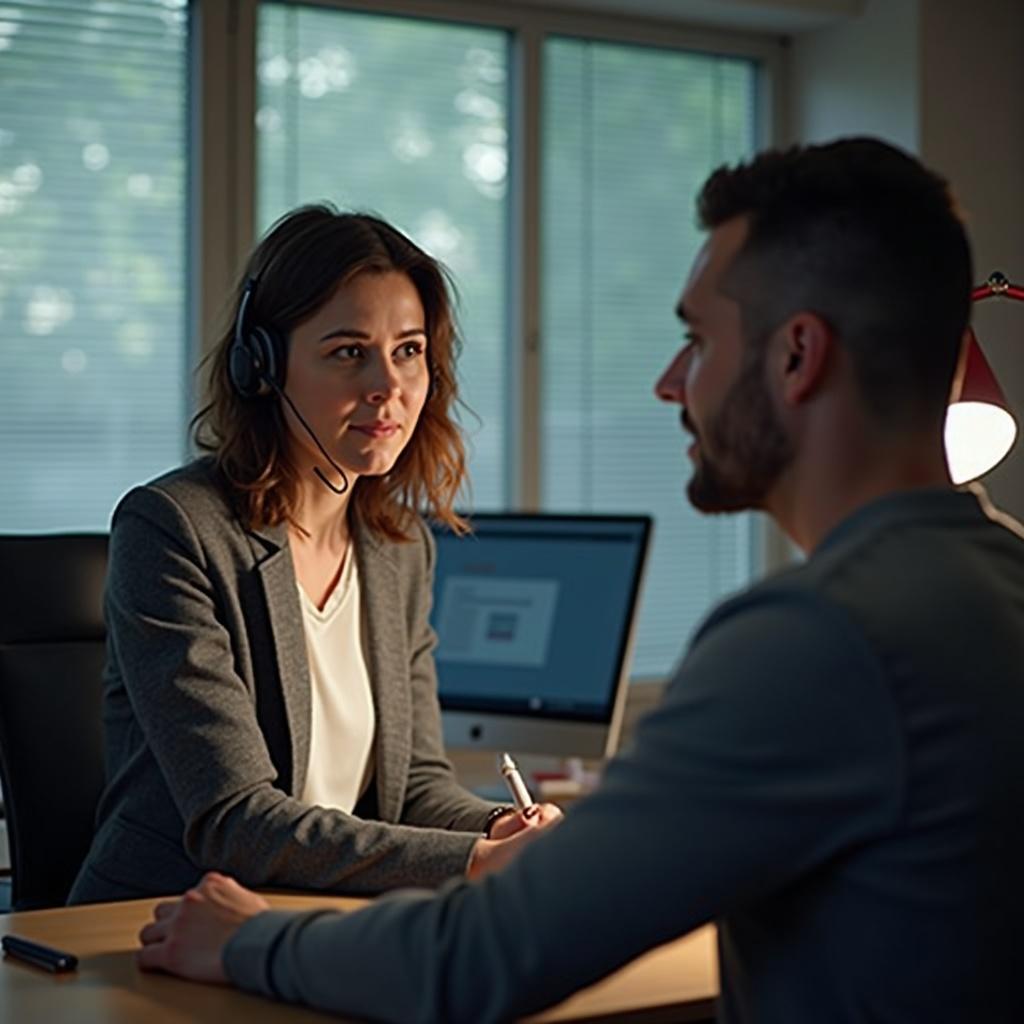 A dynamic office environment with four people collaborating. Scene divided into quadrants showing individuals in action. Upper left quadrant shows a woman with shoulder-length brown hair in a grey blazer with white blouse wearing headphones. She adjusts the microphone and holds a pen. Bright natural light from a window in the background. Upper right quadrant features a man with short brown hair and beard in a grey hoodie. He is focused on his computer, surrounded by colorful sticky notes and framed posters. Lower left quadrant features the same woman now smiling warmly while gesturing as she talks through headphones. Lower right quadrant shows another woman with long black hair in a white top smiling and waving during a video call. The office is vibrant with orange and blue cupboards, and light from the sun streaming through a window.