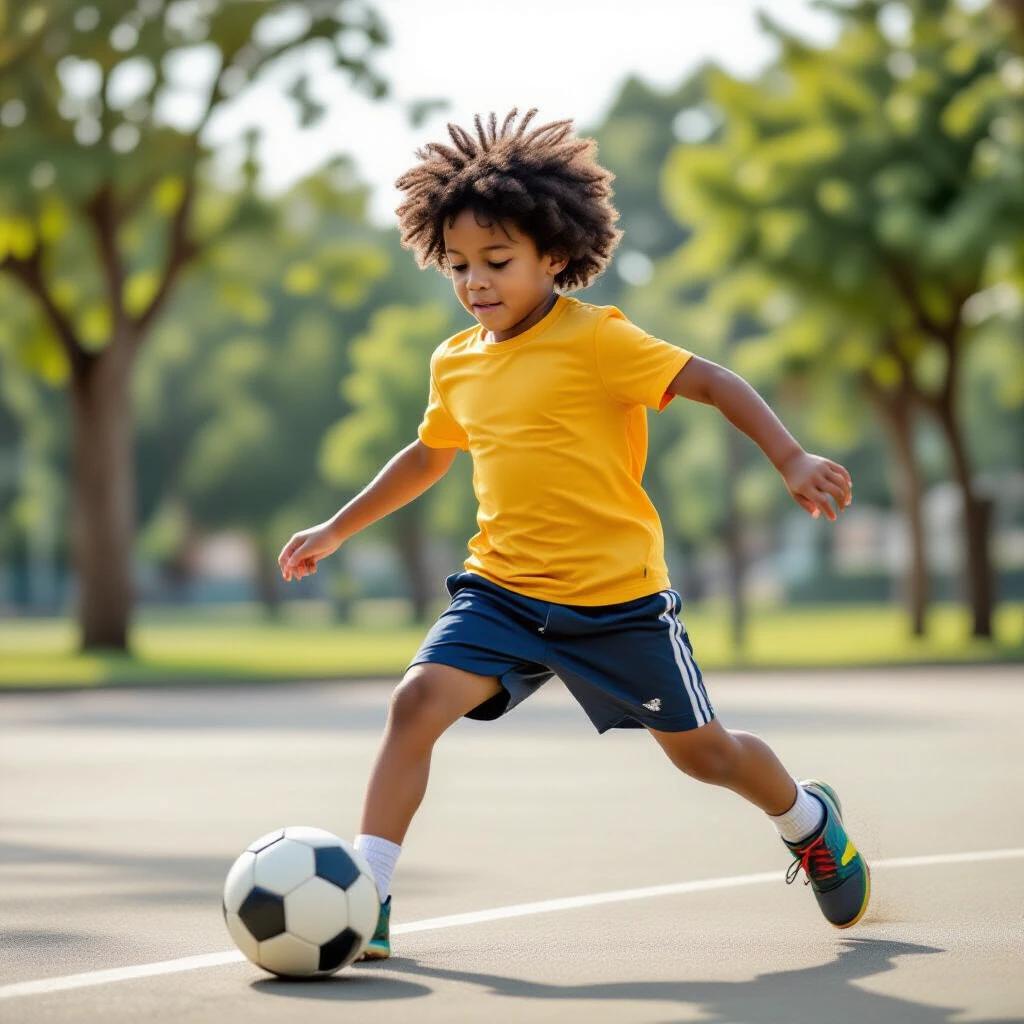 A child is playing soccer in a park. The child wears a bright yellow shirt and blue shorts. The child runs energetically towards the ball. The background includes trees and an outdoor sports field.
