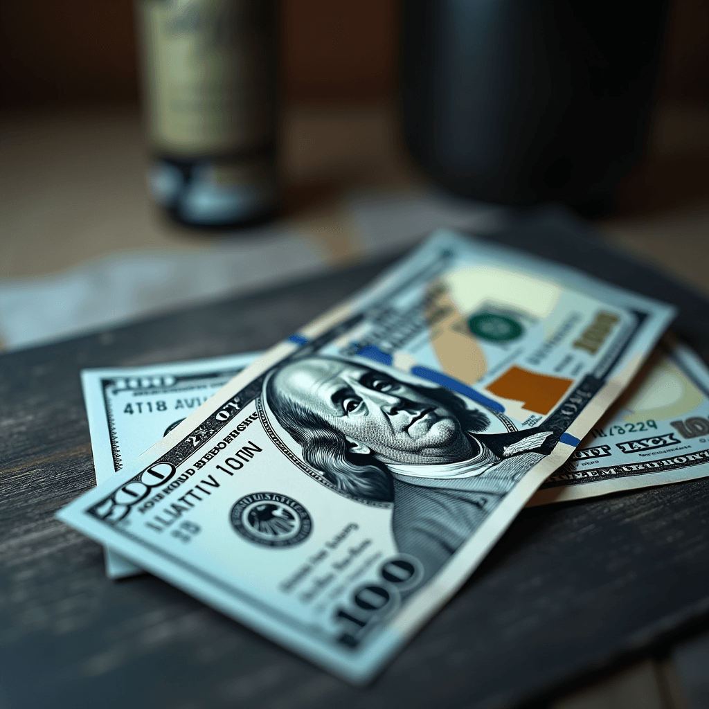 The image shows two US hundred-dollar bills placed on a dark wooden surface with blurred objects in the background.