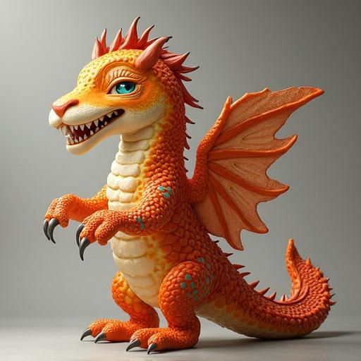 Colorful dragon character with intricate details. The dragon has exaggerated features, sharp claws, and large wings. It has bright orange scales with red and green accents. The design is playful and imaginative, suitable for both children and fantasy lovers.