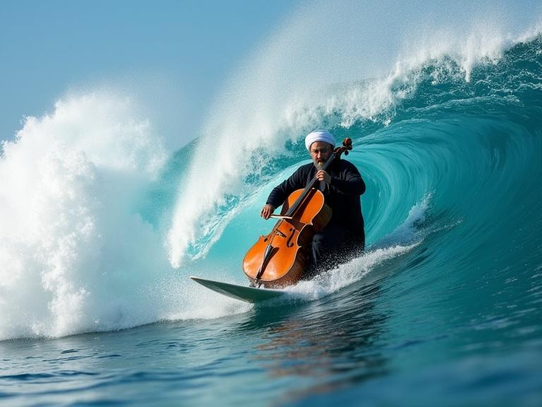 A man surfing a giant wave while playing a cello. The scene captures the dynamic action. Water splashes around, creating a vibrant and lively atmosphere.