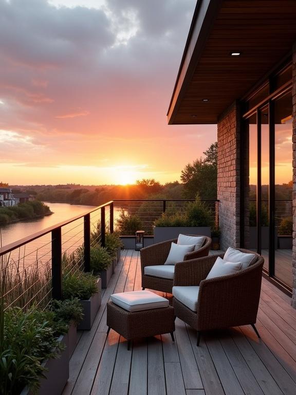 Modern balcony setup with wicker armchairs overlooking waterway at sunset. Nature and design blend harmoniously. Features plants and candle lanterns. Warm lighting in a stylish space.