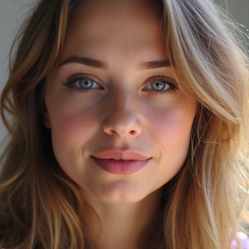 Portrait of a young woman with blue eyes and beautiful hair. Soft lighting enhances her natural beauty. Subject gazes directly at the viewer with a neutral expression.