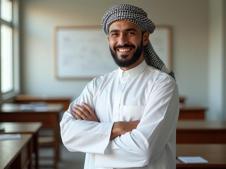 Omani male teacher stands confidently in a modern classroom wearing traditional white dishdasha and patterned turban. Engaged in a learning environment with natural window light. Hyper-realistic depiction.