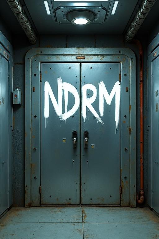 Futuristic underground facility with metallic panels and pipes. White graffiti letters 'NDRM' on the center door. Industrial atmosphere.