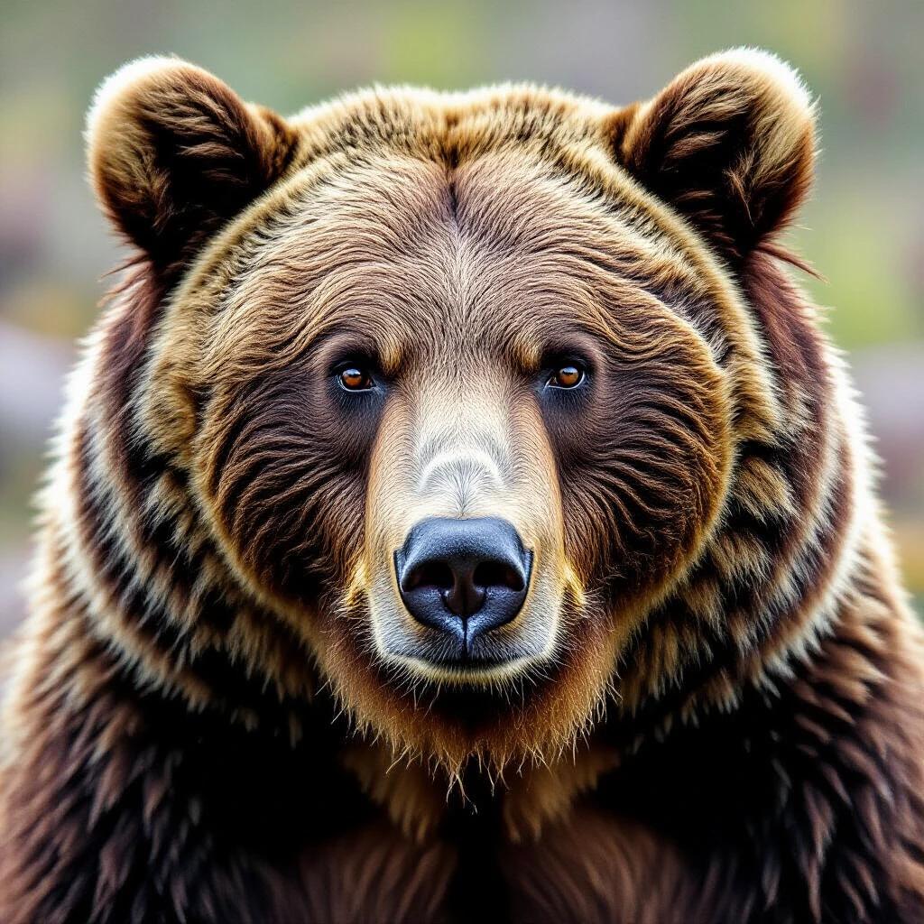 A realistic depiction of a bear. The bear has detailed fur and an expressive face. Background is blurred to emphasize the bear.